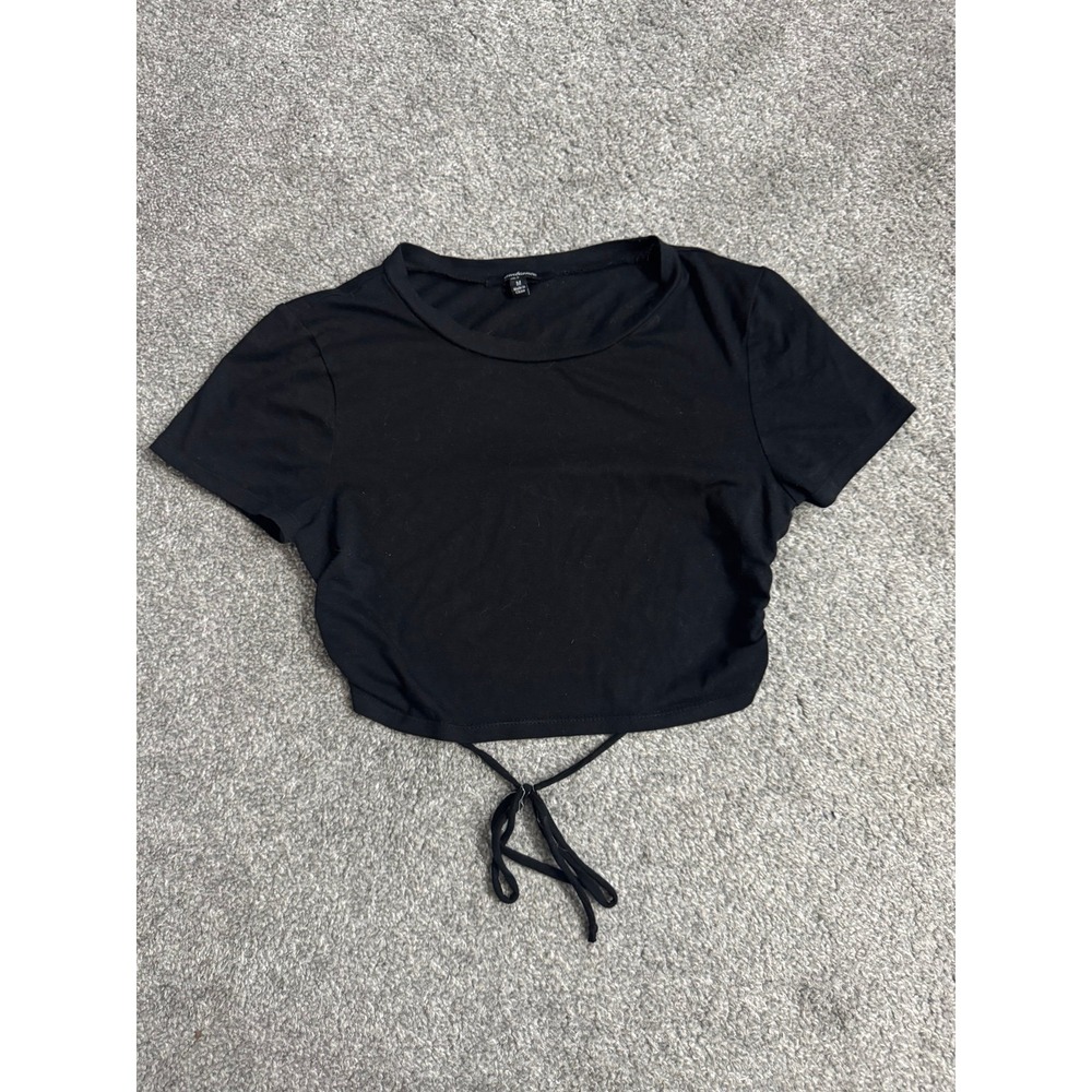 Black Short Sleeve Open Back Tie Crop Top Tshirt Womens Size Medium